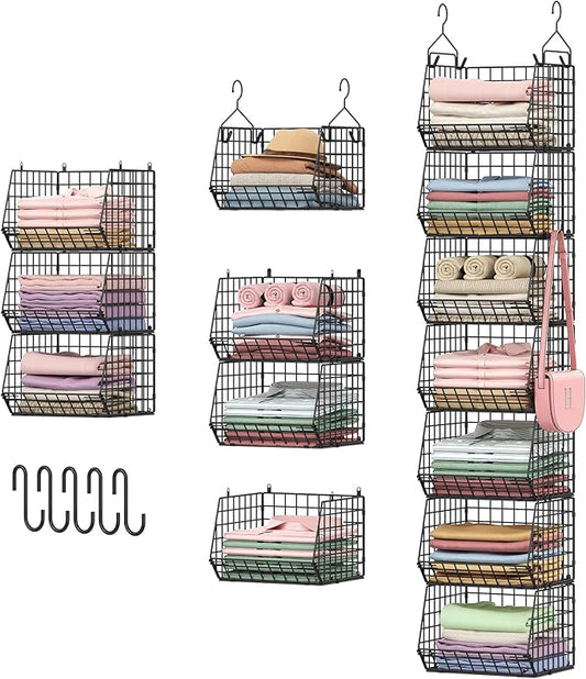 X-cosrack 7 Tier Foldable Hanging Closet Organizer and Storage,Wire Closet Shelving with 4 Large Hooks+ 5 S Hooks,Hanging Basket for Clothes Sweaters Shoes Handbags,Small Closet Organizers