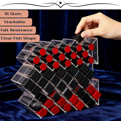 Lipstick Holder 16 Spaces Cute Fish Shape Cosmetic Lip Gloss Organizer for Countertop Clear Acrylic Makeup Perfume Storage Rack Drawer & Bathroom Novelty Desk Decor Vanity Display Case for Girls Women