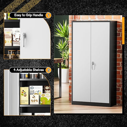 Greenvelly Metal Storage Cabinet, 72" Metal Garage Storage Cabinet with 2 Doors and 4 Adjustable Shelves,Steel Cabinets with Locking Doors for Home Office,Garage,School,Gym(Black Grey)