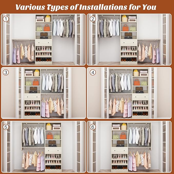 Closet System with Drawer - Reversible 5FT Wood Closet Organizer System with 2 Hanging Rods and Adjustable Shelf, Walk In Closet Organizers with Shoe Rack, Built-In Garment Rack, White Oak