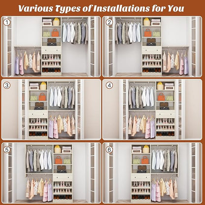 [10 FT Closet System] 120 Inch Reversible Set of 2 Wood Closet Organizer System with 2 Drawers, 4 Hanging Rods Adjustable Shelf, Walk In Closet Organizers with Shoe Rack, Garment Rack, White Oak