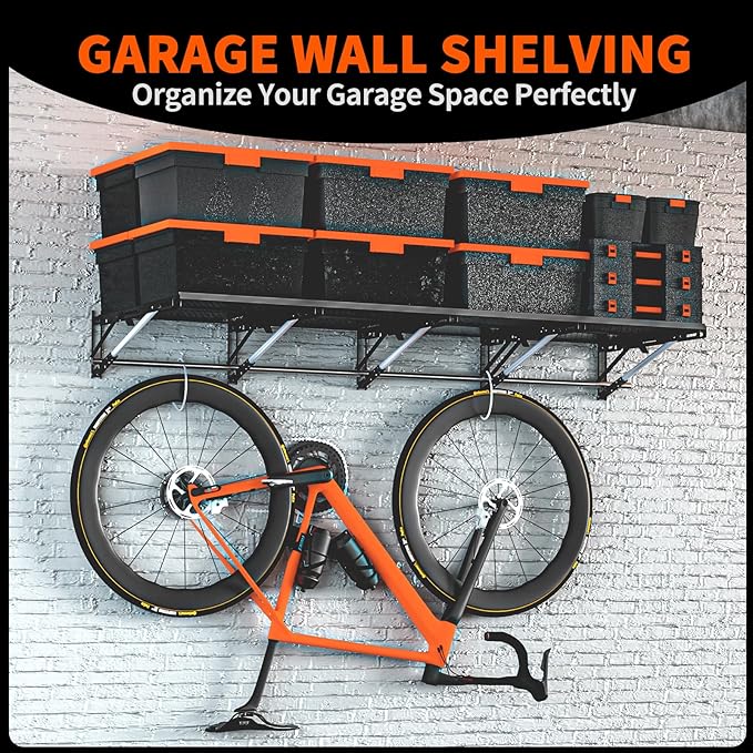 Heavy Duty Foldable Garage Storage Shelves Wall Mounted Metal Rack Unit Organizer with Removable Edge Barriers, Adjustable System for Corner Wall Use, 69.96 Inch Long 24.45 Inch Large