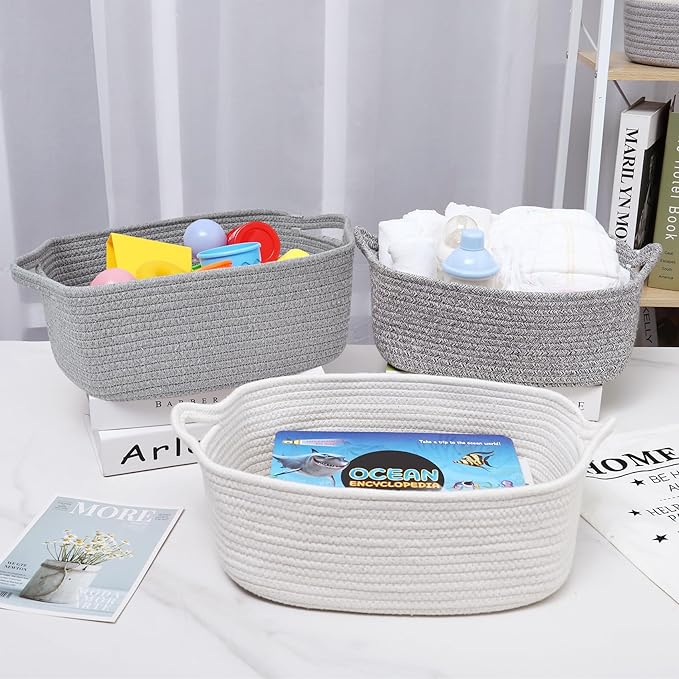 ABenkle Small Storage Basket with Handles, Cotton Rope Woven Dog Cat Toy Bin, Decorative Shelves Closet Organizing for Nursery Laundry Bedroom Bathroom, 14.2''x 11''x 5.1''