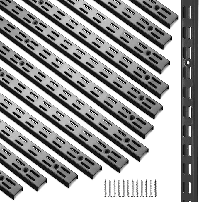 12 Pack 60 Inch Dual Track Upright Wall Shelving System Shelf Bracket Twin Slot Shelf Rail Twin Track Upright Heavy Duty Support System for Pantries, Linen Closets, Laundry Rooms (Black)