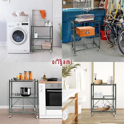 Origami 3-Tier Foldable Storage Shelves, Heavy Duty Rolling Shelf Rack with Wheels, Pewter