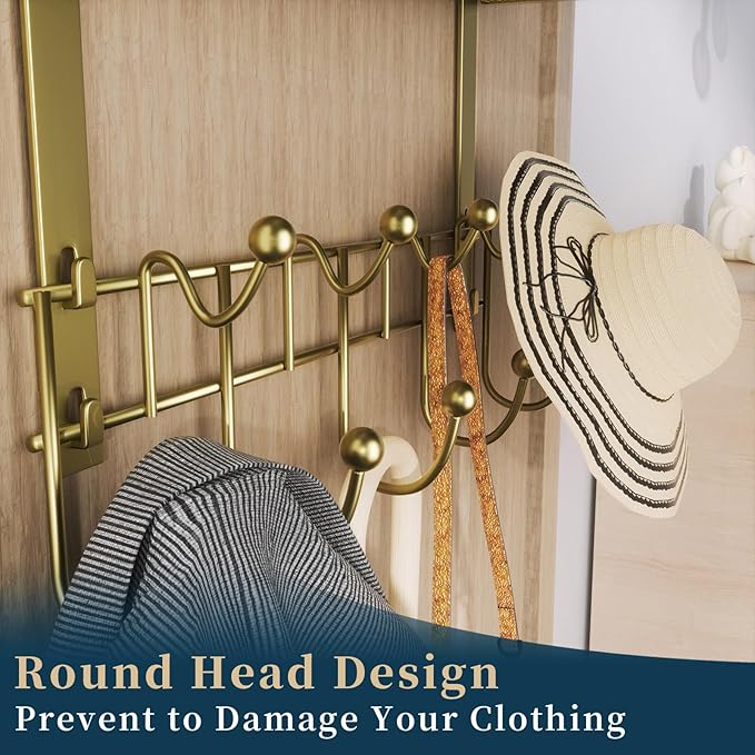 Consumest Over The Door Hooks Organizer - Extra Long Door Hanger with 9 Coat Hooks & 2 Mesh Basket, Back Storage Organizer Hanging Towels for Bathroom, Bedroom, Gold (for 1.76 in Doors)