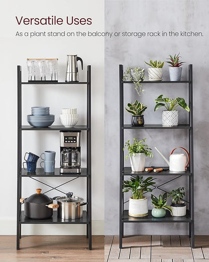 VASAGLE Ladder Shelf, 4-Tier Bookshelf, Storage Rack, Bookcase with Steel Frame, for Living Room, Home Office, Kitchen, Bedroom, Industrial Style, Charcoal Gray and Ink Black ULLS044B04