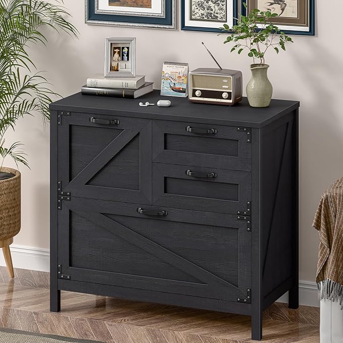 Vabches Wood Lateral File Cabinet with 4-Drawer for Hanging Files Letter/A4/Legal Size, Large Farmhouse Filing Cabinets for Home Office, Printer Stand with Office Cabinet, Office Furniture, Black