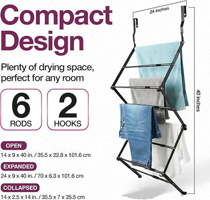 BLACK+DECKER Over The Door Expandable Telescopic Drying Rack, Clothes Organizer, Towel Hanger, Laundry, Collapsible, Black