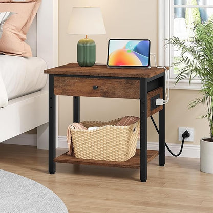 Printer Stand with Charging Station, 2-Tier Under Desk Printer Table, Side Table with Storage Shelves for Home Office, Living Room, Bedroom, Bathroom, Brown