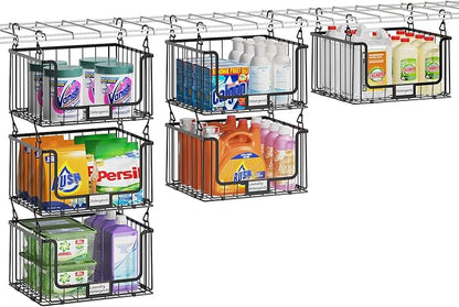 3-Pack Hanging Laundry Organizer, Stackable Wire Shelf Storage with Label Cards, Foldable Metal Baskets with 360 Rotating Hooks, Space-Saving for Laundry Room, Closet & Pantry, 11"15" Large, Black