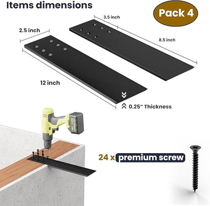 BATODA 12" Countertop Support Brackets (4 pcs) for Granite - Heavy Duty L Shelf Bracket - Wall Mounted Support for DIY Open Shelving – Knee Wall Support - Mounting Hardware Included ( Pack 4 )
