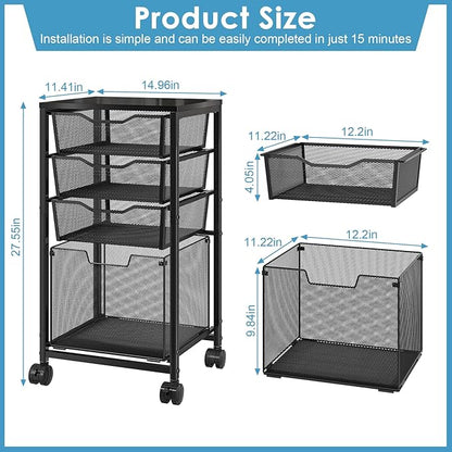 4 Drawers Rolling File Cart, Under Desk Mobile Filing Cabinet with Wheels, File Cabinets for Home Office, Hanging File Folder Organizer Utility Craft Cart Printer Stand, Black