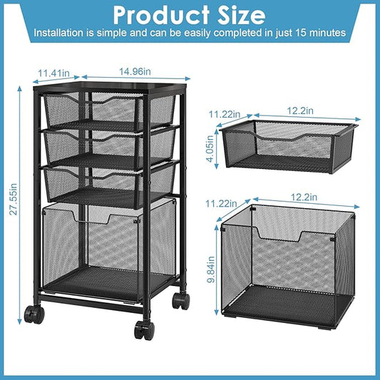 4 Drawers Rolling File Cart, Under Desk Mobile Filing Cabinet with Wheels, File Cabinets for Home Office, Hanging File Folder Organizer Utility Craft Cart Printer Stand, Black