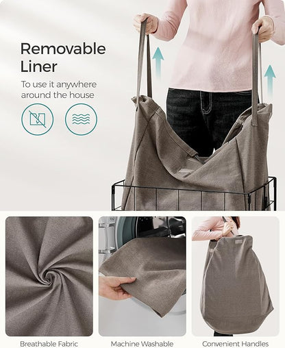 SONGMICS Laundry Hamper, 23.8 Gal. (90L) Laundry Basket, Collapsible Clothes Hamper, Removable and Washable Liner, Metal Wire Frame, for Bedroom Bathroom, Black and Camel Brown ULCB190N01