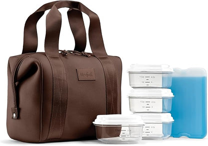 Fit & Fresh Remi Neoprene Lunch Bag For Women - Meal Prep Kit with Containers & XL Ice Pack, Self Insulating Neoprene-like Material, Machine Washable Lunch Bag, Tear & Stain-Resistant, Chocolate