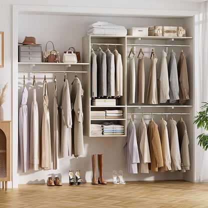 Cyclysio 96 Inch Closet System, 8 FT Hanging Closet Organizer System, Walk in Closet System with 4 Adjustable Rods and 3 Shelving Towers for 4-8FT Spaces(Cut-to-Fit), Oak