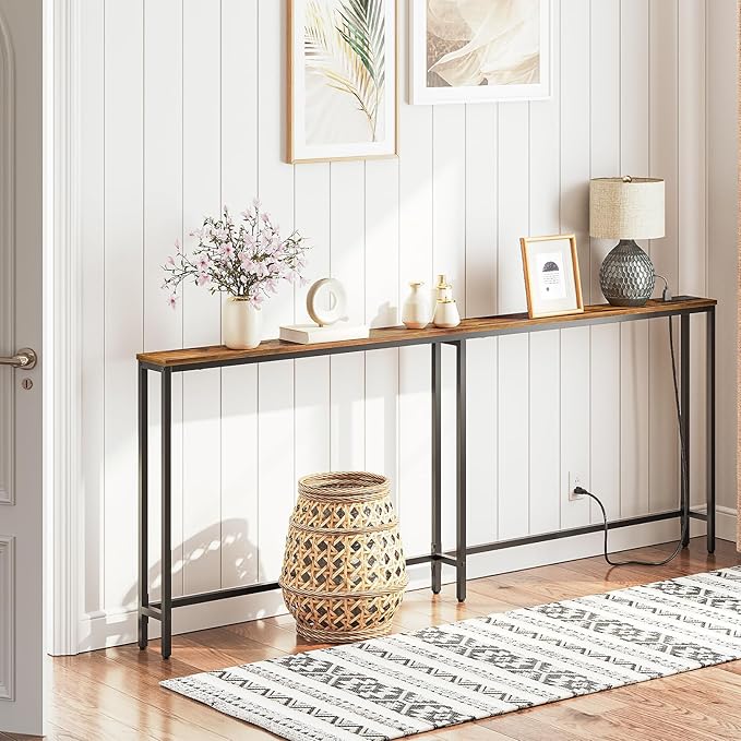 HOOBRO 78.7" Narrow Console Table with Charging Station, 5.9" Sofa Table with 2 Power Outlets and USB Ports, Long Entryway Tables Behind Couch Table, for Hallway, Livingroom, Rustic Brown BF205UXG01G1