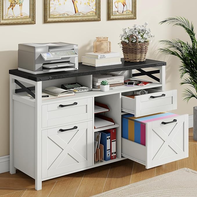Lateral File Cabinets 4 Drawers with Open Storage Shelf, Farmhouse Filing Cabinet with Adjustable Shelf for Home Office, Filing Organization Storage Cabinets for Hanging Files Letter/A4. Black