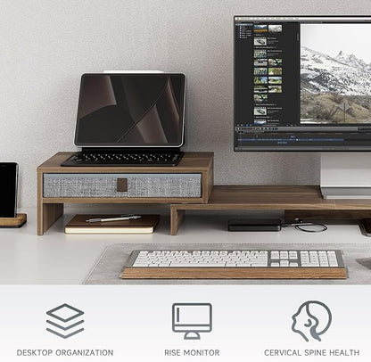 Fenge Computer Monitor Riser Stand with Drawer for 2 or 3 Monitors ,Adjustable Length and Angle Desktop Laptop Stand,Office Organizer,Printer