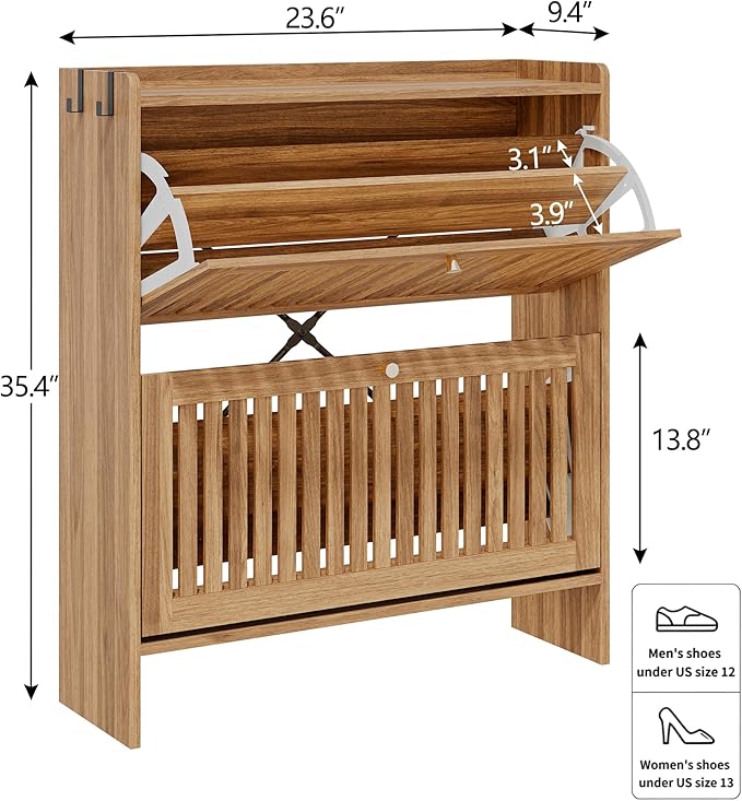 wanan 31.5" Shoe Cabinet with 2 Flip Slatted Drawers, Adjustable & Removable Panels, Narrow Shoe Cabinet Storage for Entryway, Hallway, Shoe Rack Organizer Cabinet, Light Oak