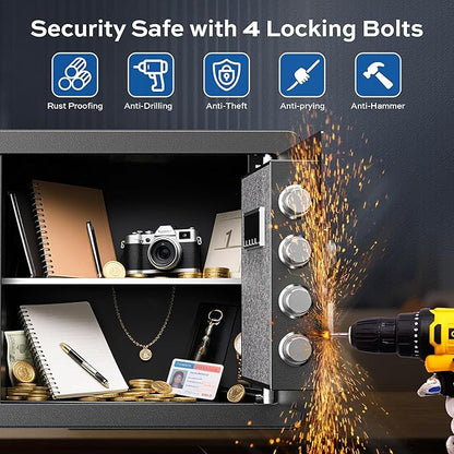 1.4 Cubic Feet Safe Box with Fireproof Waterproof Bag, Anti-theft Home Safe for Money Cash Documents Valuables, Digital Security Box with Alarm System, Electronic Keypad, Removable Shelf