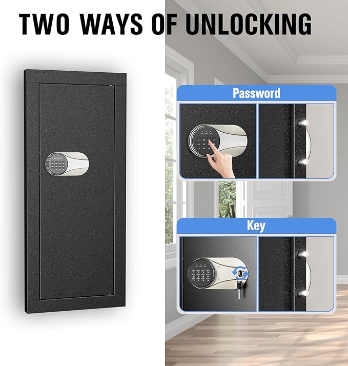 Greenvelly Wall Gun Safe, Hidden Wall Safe with Digital Keypad & Backup Keys, 33" Tall Metal Security Cabinet with Removable Shelves & Alarm System for Firearms, Cash, Jewelry, Documents