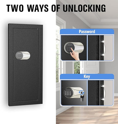 Greenvelly Wall Gun Safe, Hidden Wall Safe with Digital Keypad & Backup Keys, 33" Tall Metal Security Cabinet with Removable Shelves & Alarm System for Firearms, Cash, Jewelry, Documents
