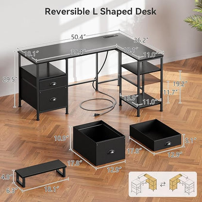 Furologee L Shaped Computer Desk with Power Outlet, Reversible Home Office Desk for Work Study, 50 Inch Corner Gaming Table with File Drawer, Monitor Stand, Storage Shelves, Black
