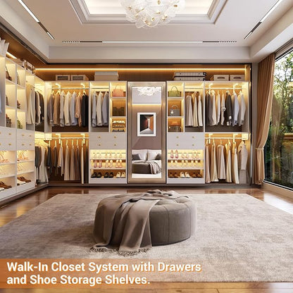 10FT Closet System with 4 Drawers, 120" Closet Organizer System with 6 Hanging Robs & Reversible Shelving, Closet Systems for Walk-in Closets, White