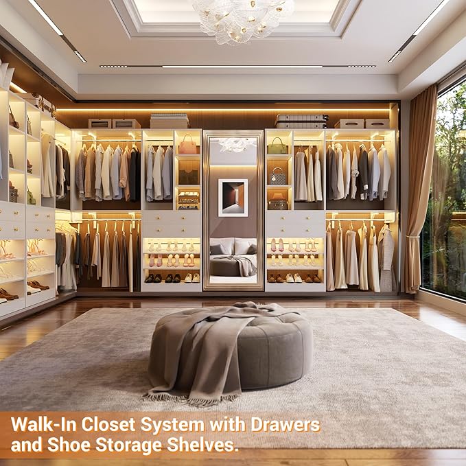 Closet System - 5FT Closet System with Drawers, 60"Closet Organizer System with 2 Hanging Shelving, Reversible Wall-mount Closet Systems for Walk-in Closets Area, White
