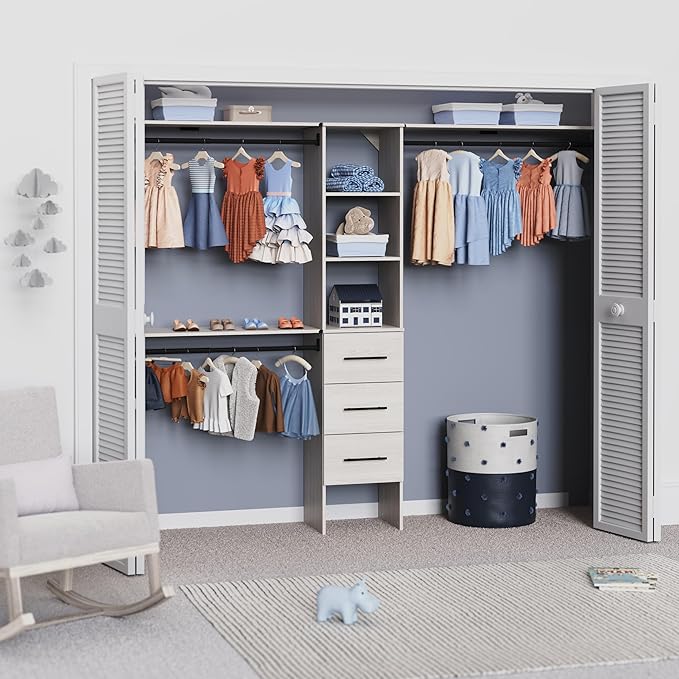 ClosetMaid SuiteSymphony 16-Inch Closet System Tower with (3) Hanging Rods, (3) Drawers, and (3) Top Shelves, White Timber