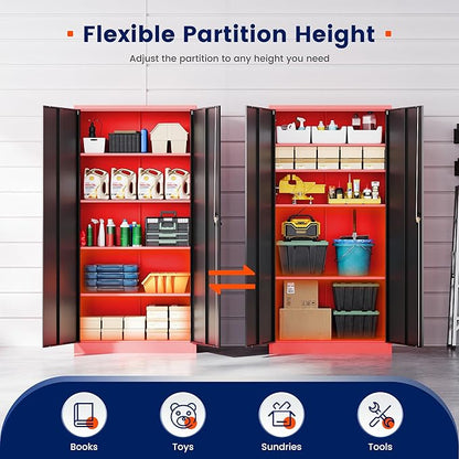 Yizosh Metal Garage Storage Cabinet with Lock Doors and 4 Shelves,-72" Steel Heavy Duty Tool Cabinet for Garage, Office,School (Red Black)