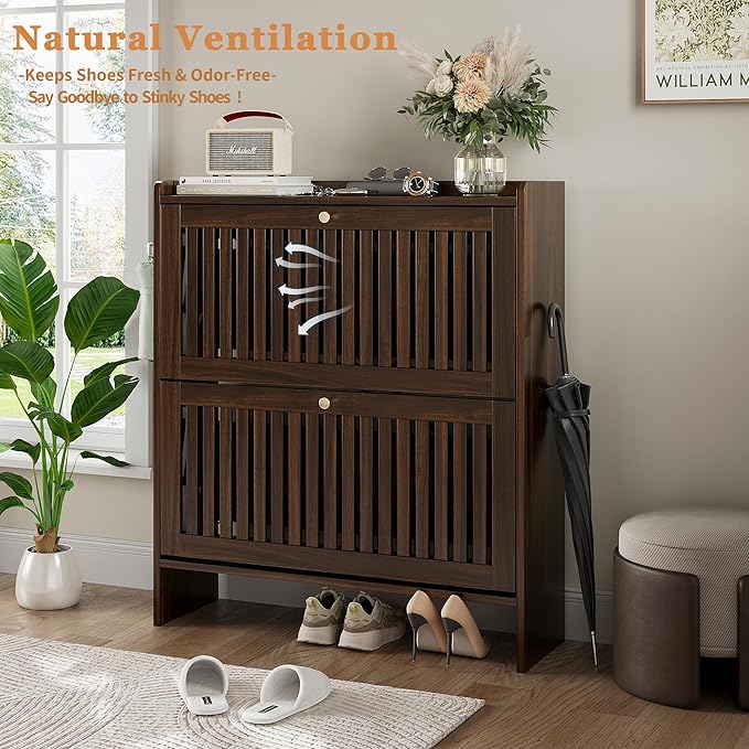 wanan 31.5" Shoe Cabinet with 2 Flip Slatted Drawers, Adjustable & Removable Panels, Narrow Shoe Cabinet Storage for Entryway, Hallway, Shoe Rack Organizer Cabinet, Walnut