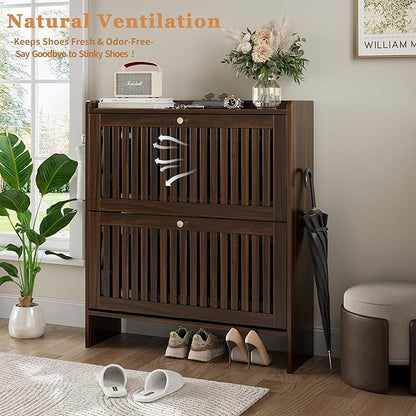wanan 31.5" Shoe Cabinet with 2 Flip Slatted Drawers, Adjustable & Removable Panels, Narrow Shoe Cabinet Storage for Entryway, Hallway, Shoe Rack Organizer Cabinet, Walnut