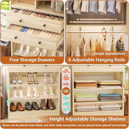 Closet System, Up to 128.6"/10.7 FT Closet Organizer with 4 Wooden Drawers and Shelves, Walk-in Closet System with 6 Hanging Rods, Built-in Closet Can Fit 96"/8FT, 120"/10FT, Greige Oak
