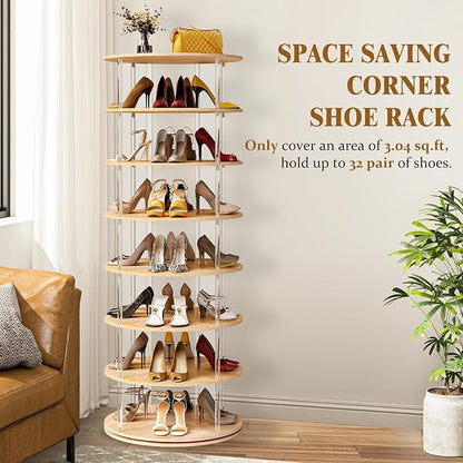 7-Tier Rotating Shoe Rack, 360 Degree Spinning Shoe Rack Tower, Lazy Susan Storage Tower Made of Acrylic and Wood, Round Rotating Organizer Shelf for Closet, Entryway and Bedroom