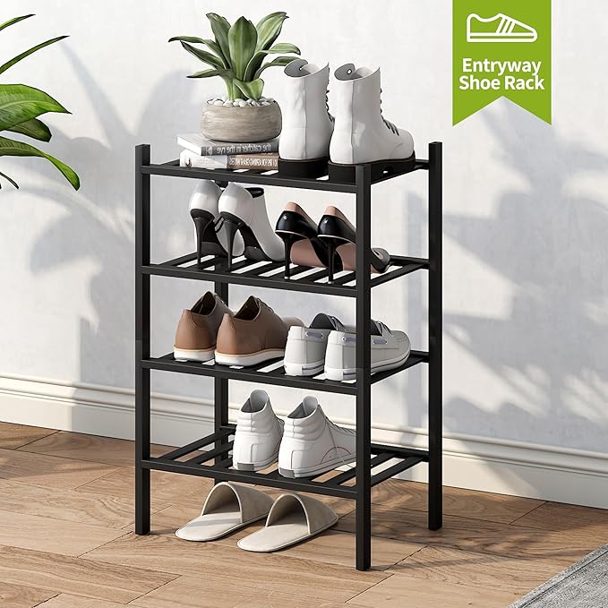 BMOSU 4-Tier Bamboo Small Shoe Rack Premium Stackable Shoe Shelf Storage Organizer for Hallway Closet Living Room Entryway Organizer (Black Bamboo)