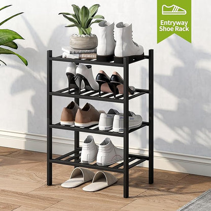BMOSU 4-Tier Bamboo Small Shoe Rack Premium Stackable Shoe Shelf Storage Organizer for Hallway Closet Living Room Entryway Organizer (Black Bamboo)