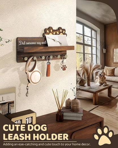 MTERSN Farmhouse Dog Leash Holder for Wall - Cute Key Holder Wall Mount with Floating Shelf & 6 Paw Hooks - Dog Lover Gifts for Wall Organize and Elevate Room Decor (Brown)