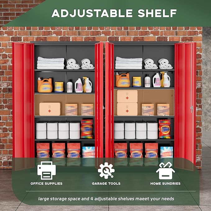 Greenvelly Metal Storage Cabinet, 72" Black Locking Metal Garage Storage Cabinet with Doors and 4 Adjustable Shelves, Lockable Steel Cabinet for Home Office, Garage, Shop, School (Red 36" W x 18" D)