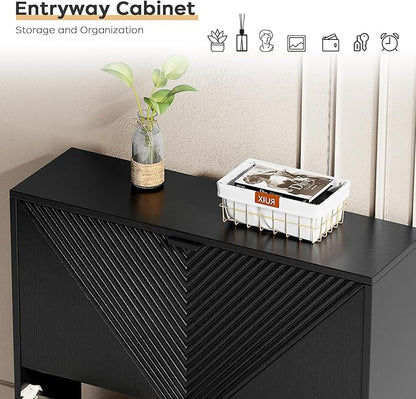 Shoe Cabinet Storage, Farmhouse Freestanding Organizer with 2 Flip Drawers and 4 Wooden feet, Narrow Shoe Rack Cabinet for Entryway, Foyer, Hallway, Black