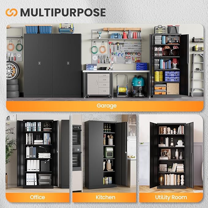 Metal Garage Storage Cabinets with Lock, 72" Tall Tool Cabinet with 2 Door and 4 Adjustable Shelves, Locking Garage Cabinets and Lockable Steel Locker for Home Office Warehouse - (Black-72”H)