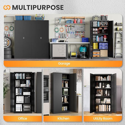 Metal Garage Storage Cabinets with Lock, 72" Tall Tool Cabinet with 2 Door and 4 Adjustable Shelves, Locking Garage Cabinets and Lockable Steel Locker for Home Office Warehouse - (Black-72”H)