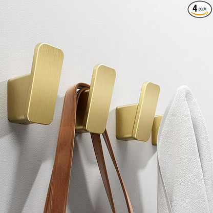 4-Pack Brushed Gold Towel Hook for Bathroom, Robe Coat Hook, Heavy Duty Wall Hooks for Hanging Bag Hat Mudroom Bedroom Shower Closet, Drill in Hanger Mount with Screw, Holder Back of Door Outdoor