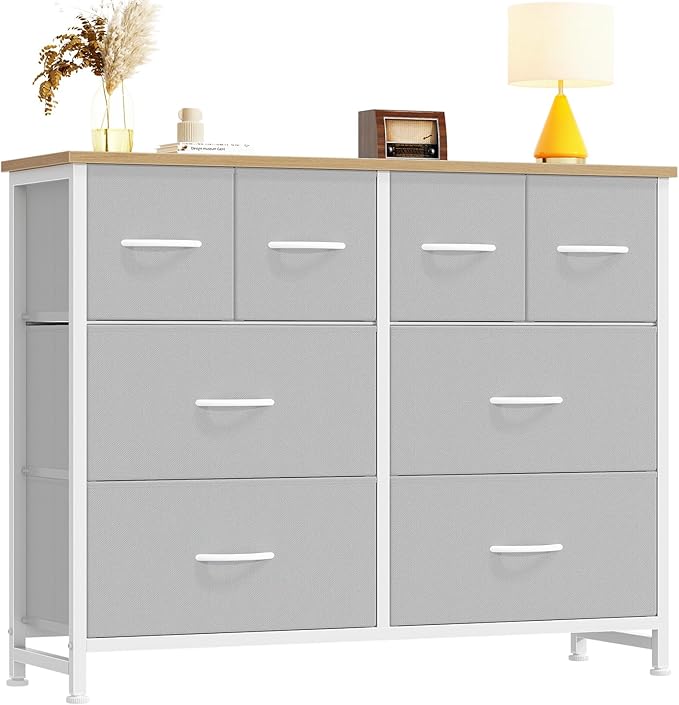 DUMOS TV Stand, Dresser with 8 Fabric Drawers, Spacious Storage Tower for Closet, TV Stand with Wood Top and Mental Frame, Storage Unit for Living Rooms, Bedroom and Entryway, Light Grey