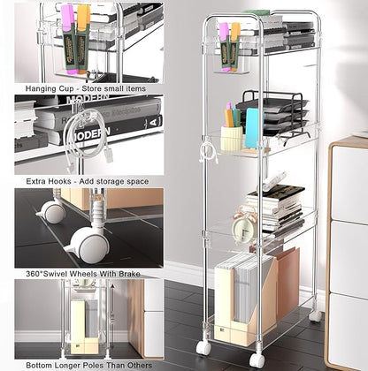 SPACEKEEPER Acrylic Rolling Storage Cart 4 Tier Clear Bathroom Cart Organizer, Transparency Rolling Utility Cart Laundry Room Organization Multifunction Mobile Shelving Unit for Office, Living Room