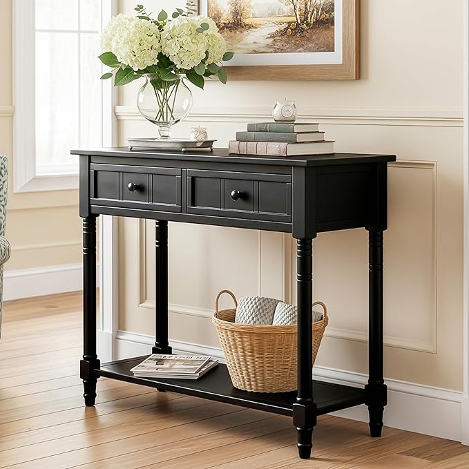 35.34" Console Table Traditional Design with Two Drawers and Bottom Shelf,Black