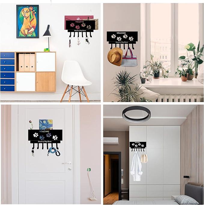 Dog Leash Holder for Wall, Storage and Mail Organizer, Key Holder Wall Mount With 6 Hooks - Leash, Stuff, Key, Letter, Sunglasses Organizer for Entryway, Farmhouse