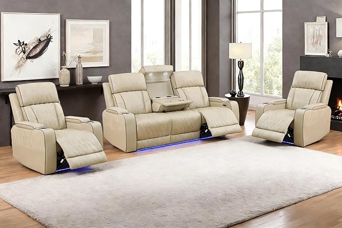Living Room Furniture Sets, Power Recliner Sofa Set, Modern Leather Reclining Couch Furniture Set for Living Room, Includes 2 Recliner Chairs and 1 3-Seater Reclining Couch for Home and Office